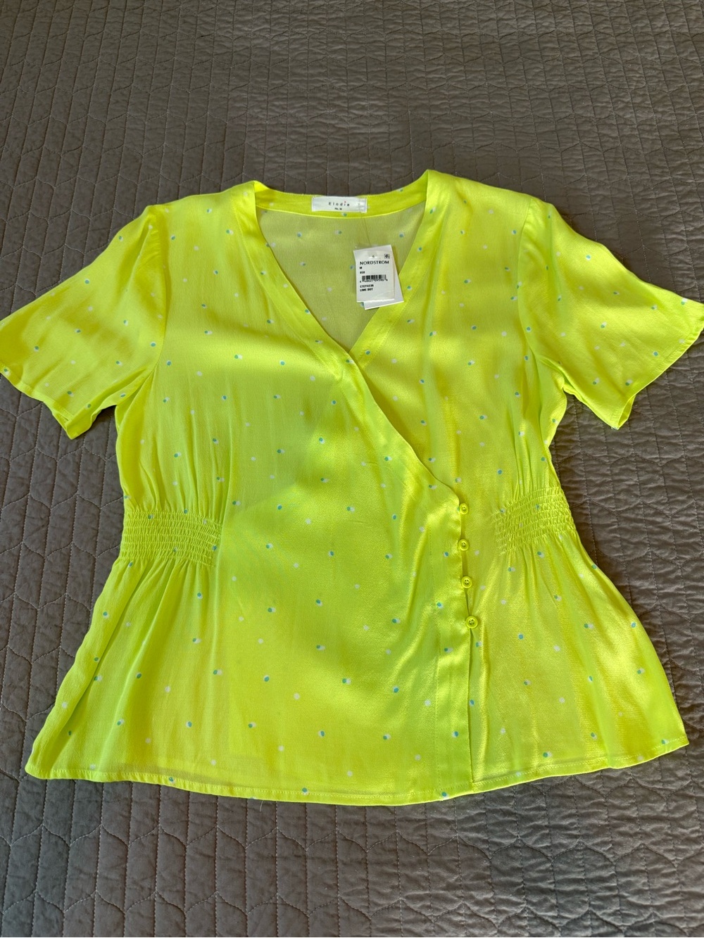 Elodie Neon Yellow Faux-Wrap Short Sleeve Blouse